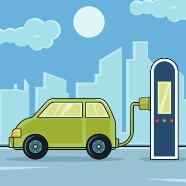 Yeşil Elektrikli Araç Şarjlı Vektör Çizim Şablonu Grafik Tasarımı. Düz bir geçmişe sahip ekoloji fikri için ulaşım ve çevre dostu araçName