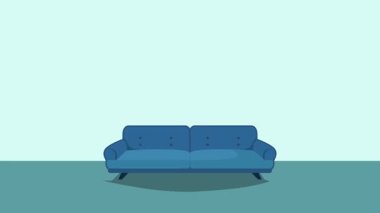 Oturma odası, çizgi film animasyon arka plan videosu. Mobilya 2d basit karikatür iç döşeme kanepede pencere ve bitki ot animasyon animasyon görüntü grafik çizim tasarımı
