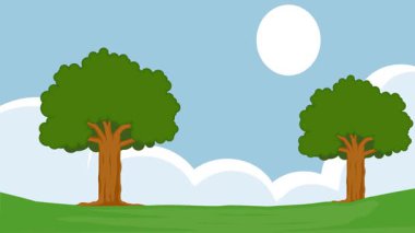 Çayırdaki ağaç, karikatür animasyon arka plan videosu. Doğa işaretinde bitki ya da sembol her zaman yeşil alan animasyon görüntüsü hareketli grafik tasarımı