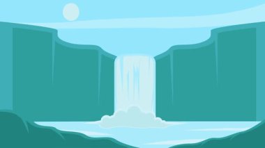 Şelale peyzajlı karikatür animasyon arka plan videosu. Sancak için doğa kavramını keşfetmek ve seyahat ve turizm sektörü için dekorasyon imzalamak.