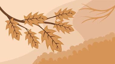 Sonbahar peyzajında meşe yaprağı çizgi film animasyon arka plan videosu. Doğadaki ağaç ya da sembol hiç bitmeyen yeşil alan animasyon görüntüleri hareketli grafik tasarımı