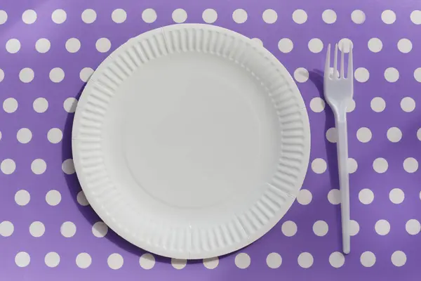 Leylak arkaplanda plastik çatal olan beyaz kağıt tabak, masa örtüsünde tek kullanımlık tabaklar, basit piknik servisi, yakın çekim.