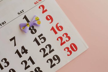 Takvimde kelebek kravatı, takvimde gülen surat kravatı, parti günü, çocuklar tatil, ayın ilk günü ve kelebek kravatı.  