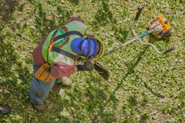İşe başlamadan önce, koruyucu giysili bahçıvan budama tellerini değiştirir..