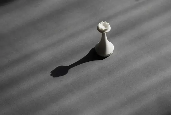 Gri bir zemin üzerine siyah bir gölge düşüren parlak gün ışığında beyaz bir kale, dayanıklılık, dürüstlük, koruma ve kontrol, strateji ve istikrar başarmak için.