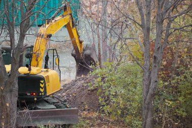 Ormanların arasında inşaat alanında toprak bulunan bir kovayla kazıcı, orman kuşağında kazıcı ile kazı, inşaat hazırlığı