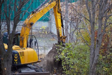 Toprak dolu kazıcı ağaçların, kazıların ve kazıcıların arasında sert koşullarda toprağı kazan yeni bir inşaat sahasında çalışıyor.