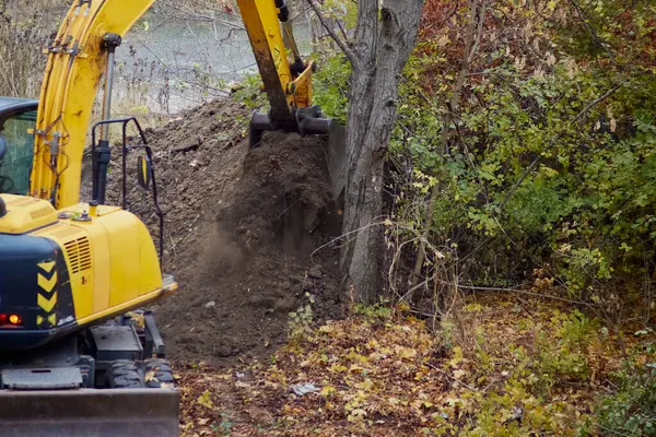 Kazı kovası, bir orman zeminine karşı kazılmış toprakla dolu. Ormanda toprak işleri, kazıcı kova işi..