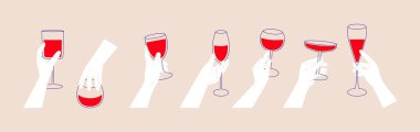 İçki bardaklarını tutan eller. Çizgi film şarabı şampanya, martini, brendi kokteyli, kutlama konsepti. Vektör seti.