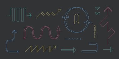 Trendy line arrows. Doodle colorful direction pointers different shapes, various quirky stroke elements. Vector set. 