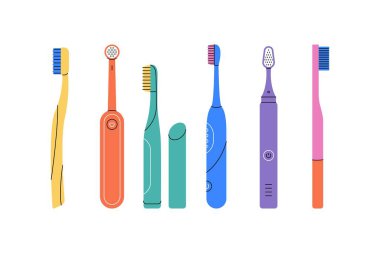 Cartoon toothbrush set. Mouth cleaning tools, dental care equipment, teeth protection hygiene concept. Vector collection.