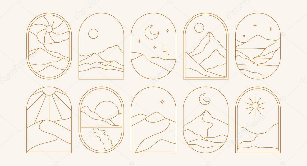 Minimal boho landscape frame. Trendy linear bohemian windows desert mountain moon sun for logo tattoo. Vector line set.