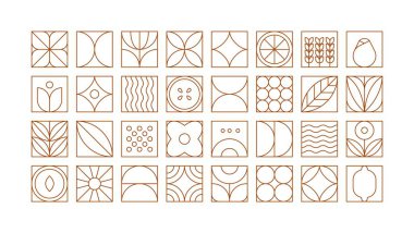 Geometrik gıda çiçek deseni. Minimum çizgi doğal bitkisel meyve şekilli eko tarım konsepti. Vektör basit kümesi.