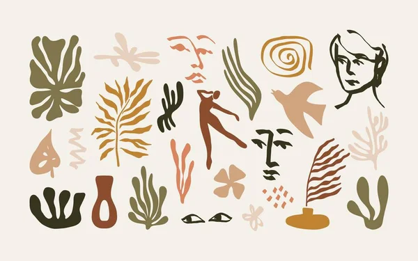 Streszczenie Kształtów Organicznych Współczesne Rośliny Glonów Wazon Liść Twarz Matisse — Wektor stockowy