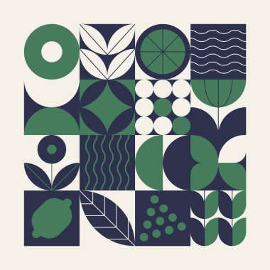 Doğal geometrik desen. Soyut mozaik meyve yaprağı bitkisi basit şekiller, asgari çiçek tarımı bayrağı. Vektör tasarımı.