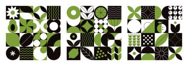 Geometrik doğal desen. Soyut meyve yaprağı bitkisi basit şekiller, minimum çiçek tarımı konsepti. Vektör bayrağı ayarlandı.