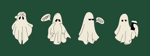 Fantasmas Halloween Pano Assustador Desenhos Animados Monstros Bonitos Enganam Tratam —  Vetores de Stock