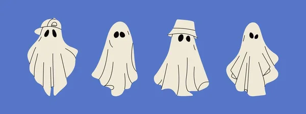 Fantasmas Halloween Desenhos Animados Assustador Pano Monstros Truque Tratar Personagens —  Vetores de Stock