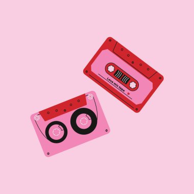 Retro ses kasetleri. Müzikli klasik kaset, eski karikatür analog ses kaydediciler, 80 'lerin düz müzik medyası tarzı. Vektör eğilimli illüstrasyon.