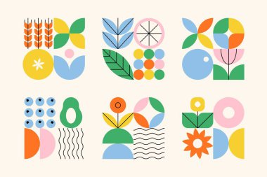 Geometrik yaprak deseni. Basit şekilli soyut doğa çiçekleri, modern Bauhaus dekoratif bitki unsurları. Vektör grafik pankartı ayarlandı.