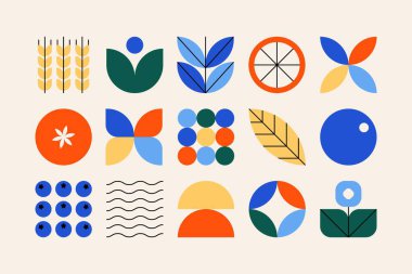 Geometrik yaprak deseni. Soyut modern çiçek arkaplanı stilize yapraklar, yaratıcı bitki bauhaus şekilleri. Vektör dekoratif kümesi.