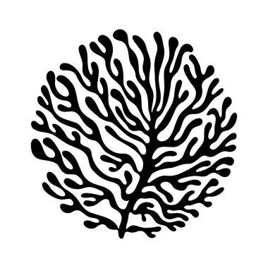 Soyut mercanlar silueti. Siyah sualtı mercan resif bitkisi, okyanus deniz yosunu ve deniz yosunu ikonu, akvaryum dekoratif element düz modern tarz. Vektör illüstrasyonu.