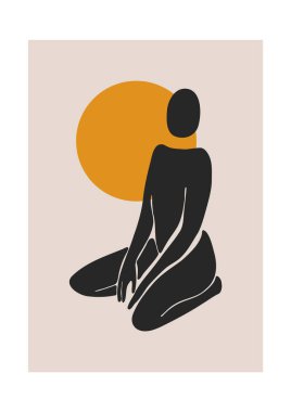 Soyut kadın sanatı. Kadın figürlü minimalist poster, modern estetik kadın portresi ve modern İskandinav duvar dekoru. Vektör illüstrasyonu.