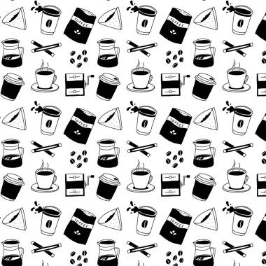 Kahvenin pürüzsüz şekli. Damlayan siyah filtreli fincanlar, kahve seti, kafeterya vektörsüz arka plan.