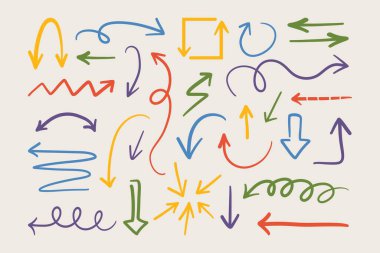 Karalama okları. Çocuksu ok koleksiyonu, renkli çocuk işaretleri, yön işaretleri, basit çizgiler ve işaretler. Vektör okları ayarlandı.