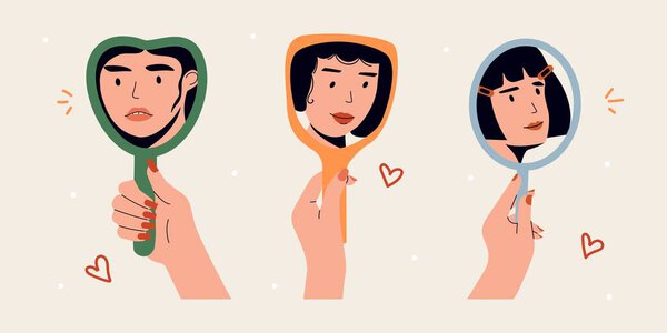 Hand holding mirror. Woman looking in mirror at herself, female face reflection in mirrors, cartoon woman character with positive self acceptance and confidence. Vector flat set.
