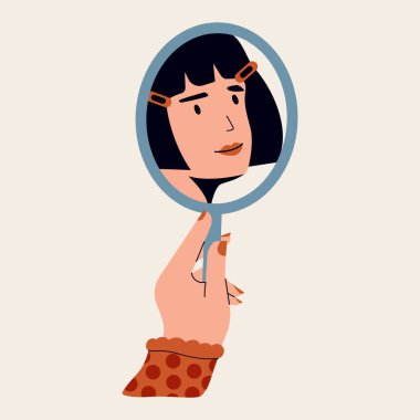 El ele tutuşan ayna. Aynada kendine bakan bir kadın, aynada yansıyan bir kız, kendine güveni olan bir çizgi film karakteri, kendini kabul eden olumlu bir kadın. Vektör illüstrasyonu.