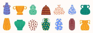 Contemporary ceramic vases. Modern clay pottery vessel, decorative urns pottery jar pitcher, creative porcelain objects. Vector isolated set.