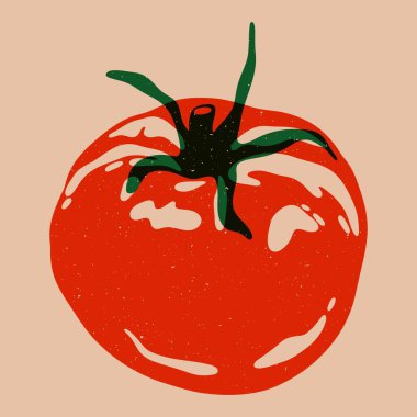 Kırmızı domates. Taze organik sebze, yeşil yaprak risograf tarzında çiğ çiftlik yemeği, vitamin düzlüklü soyut sağlıklı salata malzemesi. Vektör illüstrasyonu.