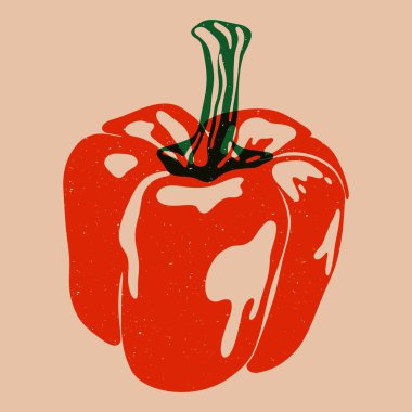 Kırmızı dolma biber. Organik tarım ürünleri, riso baskı efekti, soyut risograf baharatlı vejetaryen ürünü, sağlıklı restoran menüsü için taze sebze klipsi, karikatür eko gıda etiketi. Vektör illüstrasyonu.