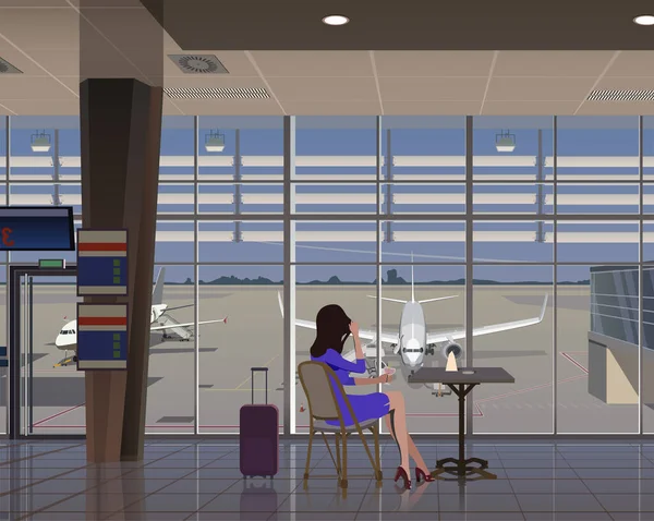 Девушка Столом Фоне Большого Окна Аэропорту Окном Можно Увидеть Самолеты — стоковый вектор