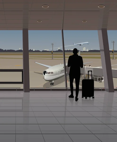 Passager Avec Bagages Aéroport Près Fenêtre Les Avions Piste Sont — Image vectorielle