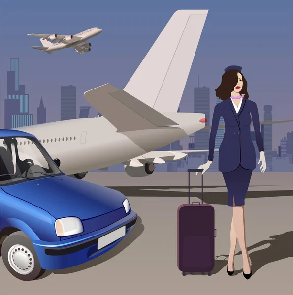 机场的女服务员 带着旅行袋坐在飞机和城市后面的汽车旁边 — 图库矢量图片