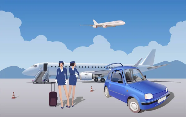 Hôtesses Près Voiture Sur Fond Avion Avion Volant Sur Fond — Image vectorielle