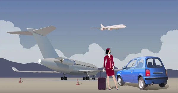 Hôtesse Avec Sac Sur Fond Avion Paysage Montagne Près Taxi — Image vectorielle
