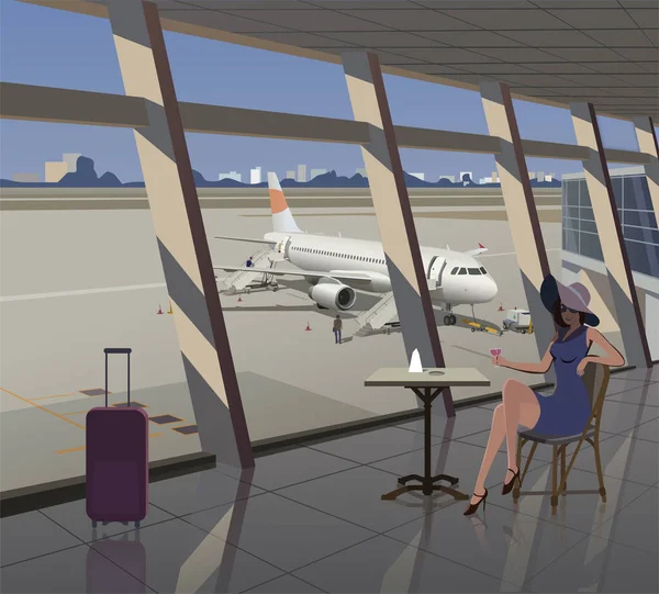 Cestující Stolu Letištním Terminálu Pozadí Velkého Okna Letadla Jsou Vidět — Stockový vektor