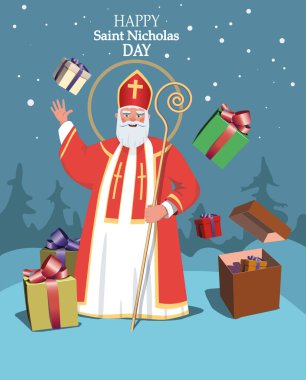 Aziz Nicholas karda duruyor ve hediyeler dağıtıyor..