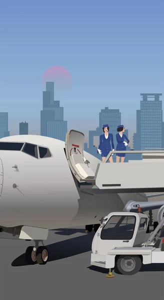 Vluchtbegeleiders Staan Het Gangpad Van Het Vliegtuig Tegen Achtergrond Van — Stockvector
