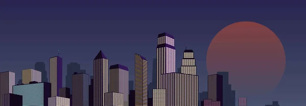 Ciudad Nocturna Rascacielos Con Ventanas Luminosas Puesta Sol Sobre Horizonte — Vector de stock