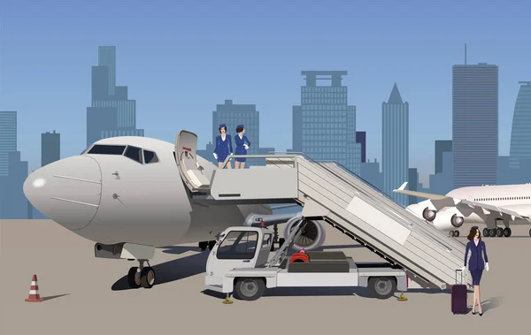 Uçuş Görevlileri Metropolün Arka Planında Merdivende Uçakta Yolcularla Buluşuyor — Stok Vektör