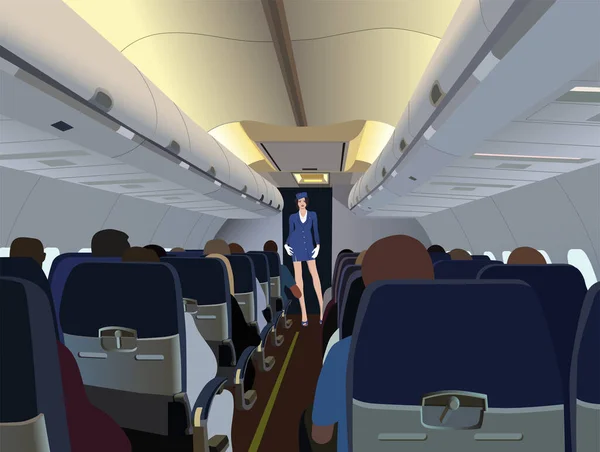 在飞机机舱 乘客和空姐 飞机内部服务 — 图库矢量图片