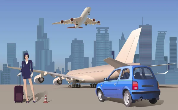 Havaalanındaki Hostes Arabanın Uçağın Yanında Arkada Gökdelenler Havalanan Bir Uçak — Stok Vektör