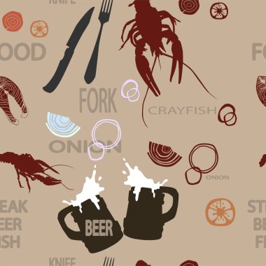 Bej bir arka planda, kerevit siluetleri, balık biftekleri, sebzeler ve bira bardakları.