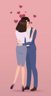 A girl and a guy kiss, valentines fly on a pink background.