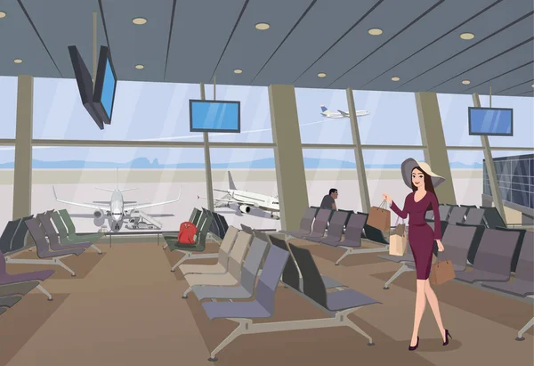 Havaalanı Salonunda Koltukları Uçak Manzarası Olan Bir Kız — Stok Vektör
