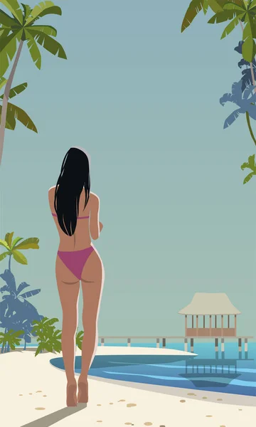 在棕榈树下沙滩上穿着泳衣的女孩 — 图库矢量图片